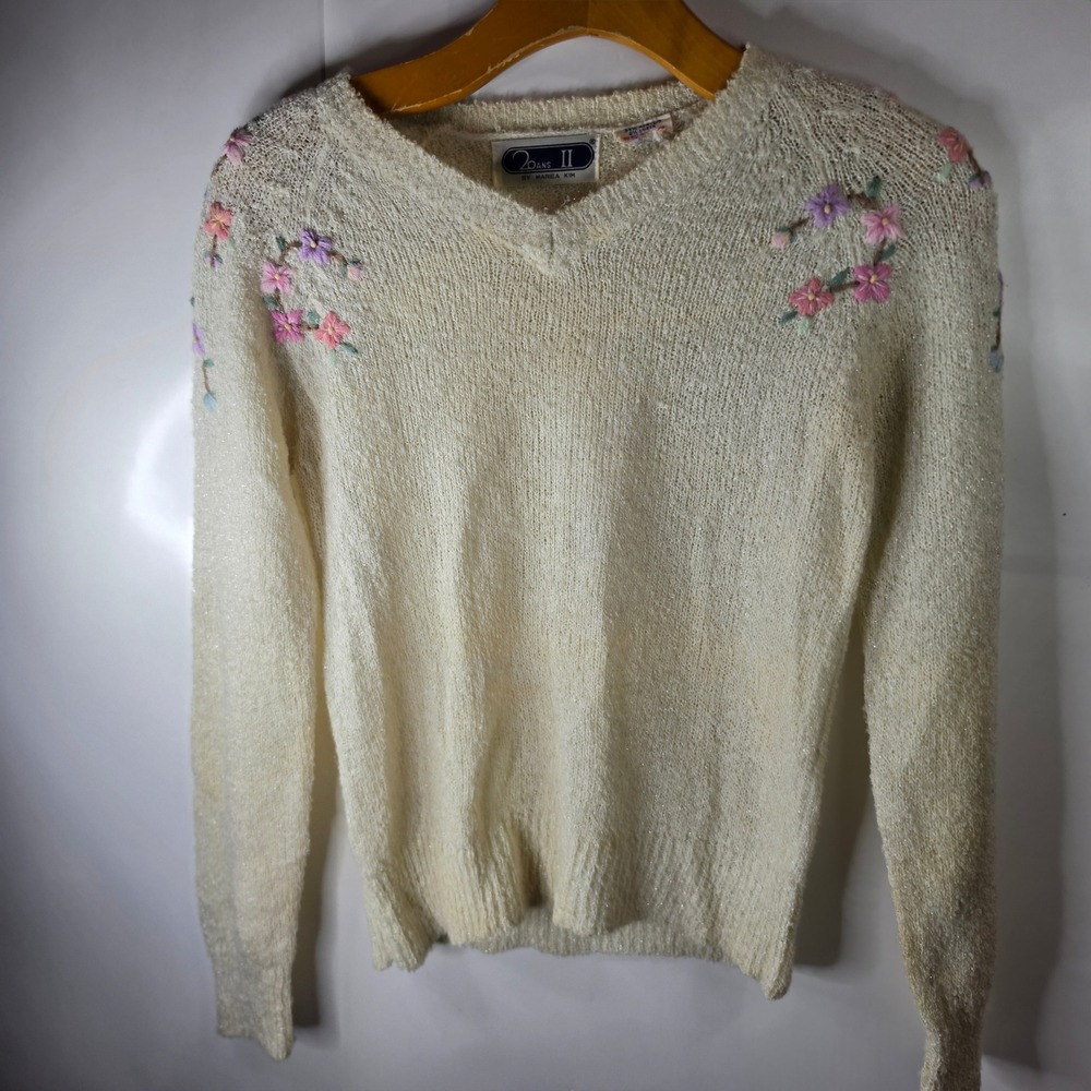 Vtg 80s 2Oaks II Shrunken Shimmer Knit Floral Sweater Cream XS Mariea Kim